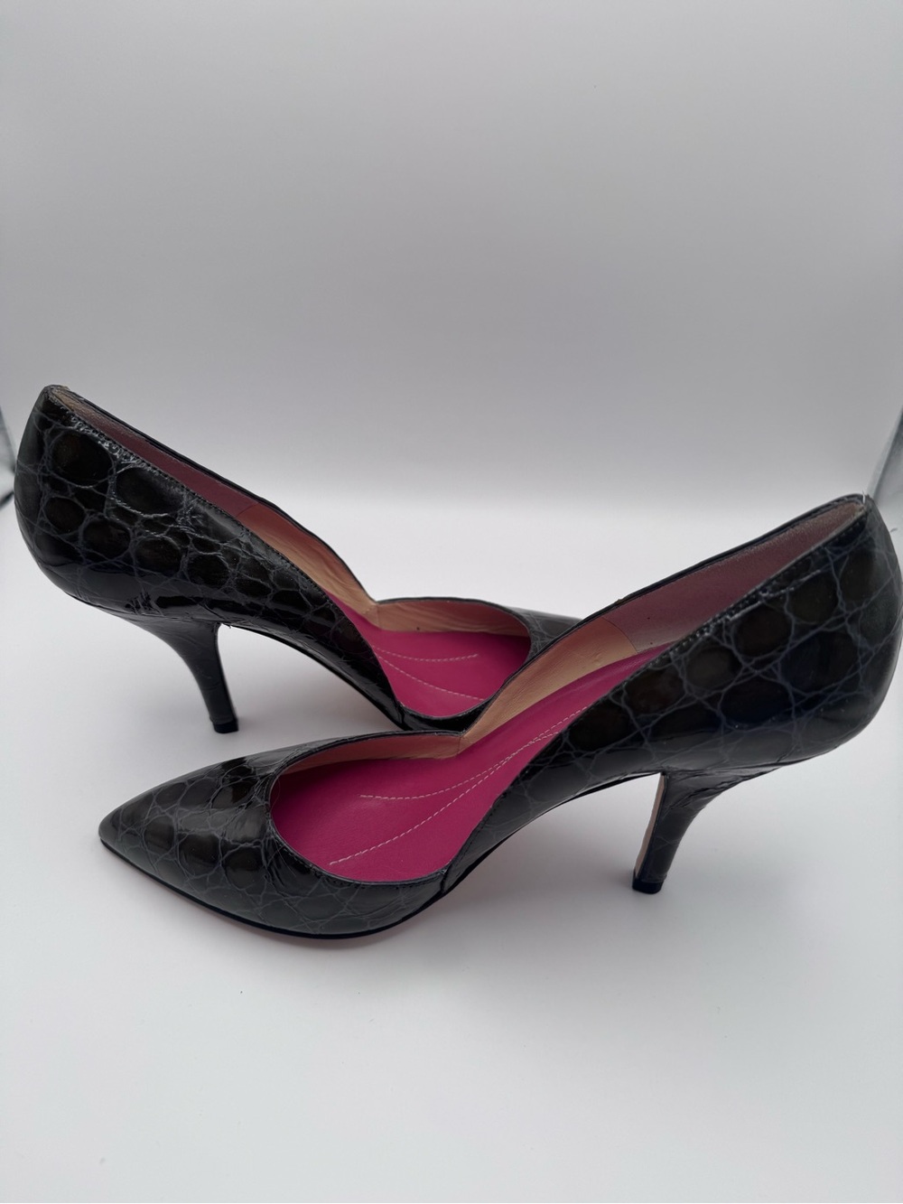 kate spade Black Croc-Embossed Pointed Toe Pumps with Pink Insole